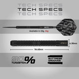 Red Dragon Peter Wright Black Mamba Steel Tip Darts specifications image showing barrel dimensions, weight, and technical details