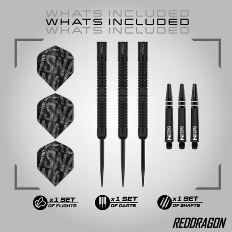 Red Dragon Peter Wright Black Mamba Steel Tip Darts image displaying everything included inside the box