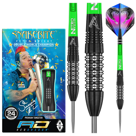 Peter Wright Black Strike Steel Tip Darts product image showing the complete dart set, packaging and accessories