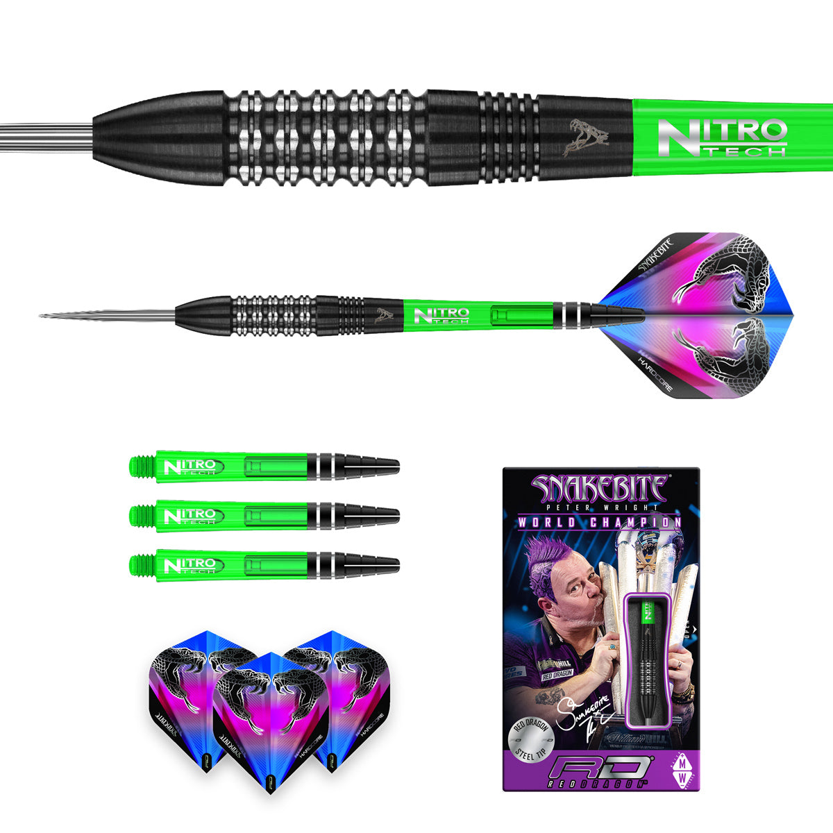 Contents of the Peter Wright Black Strike darts box including flights, shafts and accessories