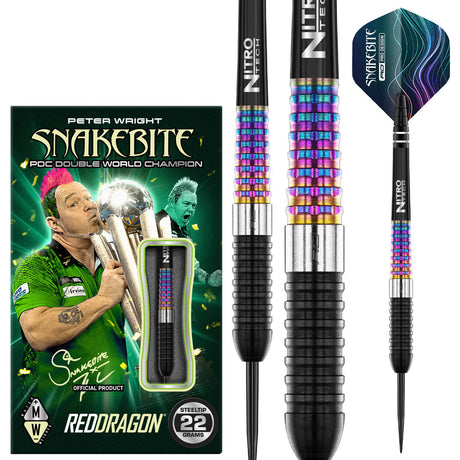 Peter Wright Corra Steel Tip Darts main product image showing the darts, packaging, flights, shafts, and included accessories