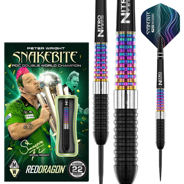 Peter Wright Corra Steel Tip Darts main product image showing the darts, packaging, flights, shafts, and included accessories