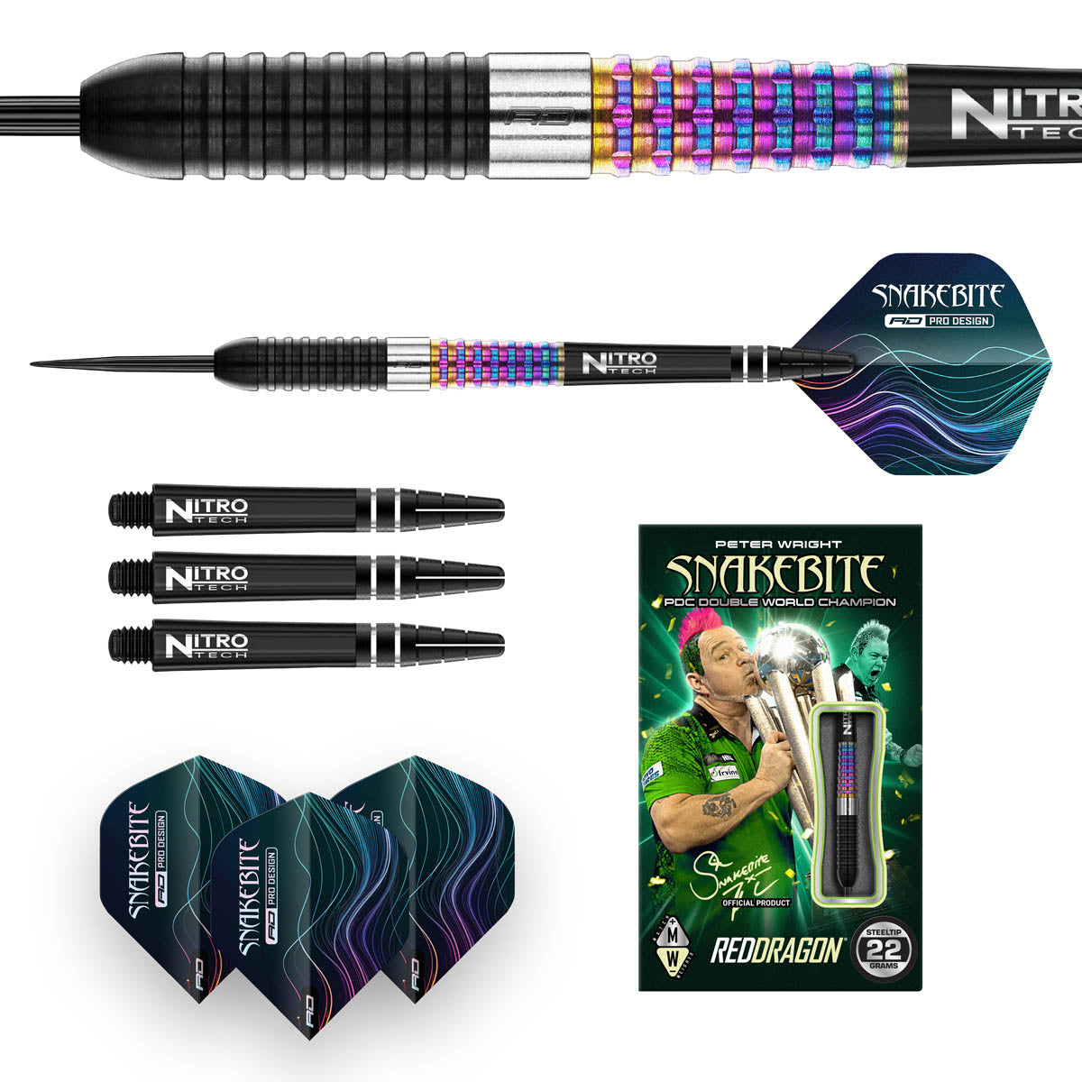Peter Wright Corra Steel Tip Darts image displaying everything included inside the box