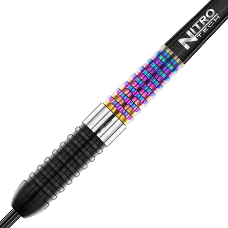 Peter Wright Corra Steel Tip Darts zoomed image highlighting the barrel grip, machining, coating, and surface detail