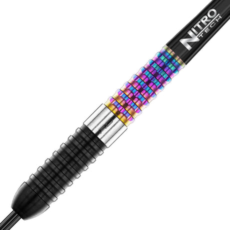 Peter Wright Corra Steel Tip Darts zoomed image highlighting the barrel grip, machining, coating, and surface detail