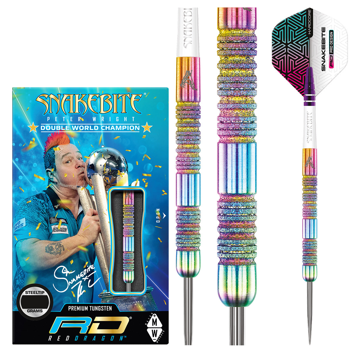 Peter Wright Diamond Fusion Spectron SE Steel Tip Darts main product image showing the darts, packaging, flights, shafts, and included accessories