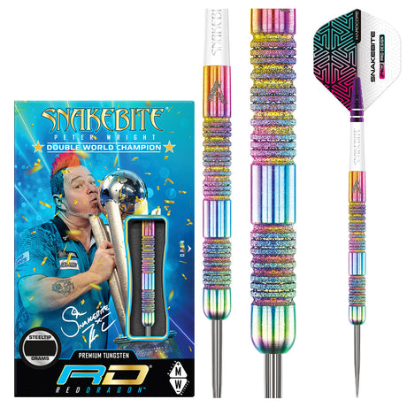 Peter Wright Diamond Fusion Spectron SE Steel Tip Darts main product image showing the darts, packaging, flights, shafts, and included accessories