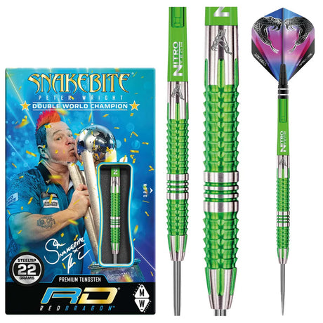 Peter Wright Mamba 2 Steel Tip Darts product image showing the complete dart set, packaging and accessories