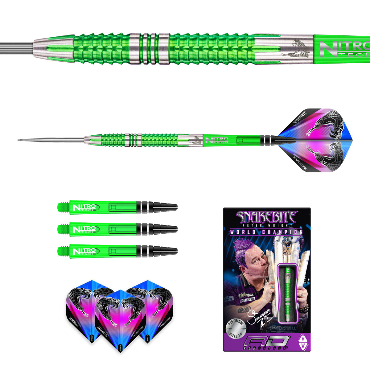 Contents of the Peter Wright Mamba 2 darts box including flights, shafts and accessories