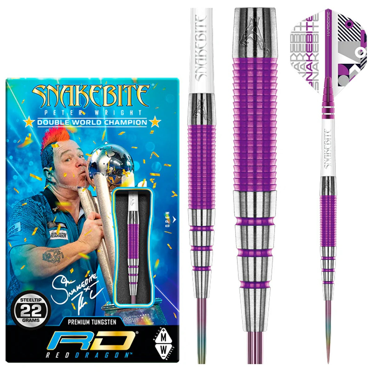 Peter Wright PL15 Medusa Steel Tip Darts product image showing the complete dart set, packaging and accessories
