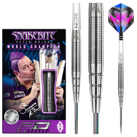 Peter Wright PL15 Steel Tip Darts product image showing the complete dart set, packaging and accessories
