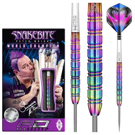 Peter Wright Snakebite 1 Steel Tip Darts product image showing the complete dart set, packaging and accessories