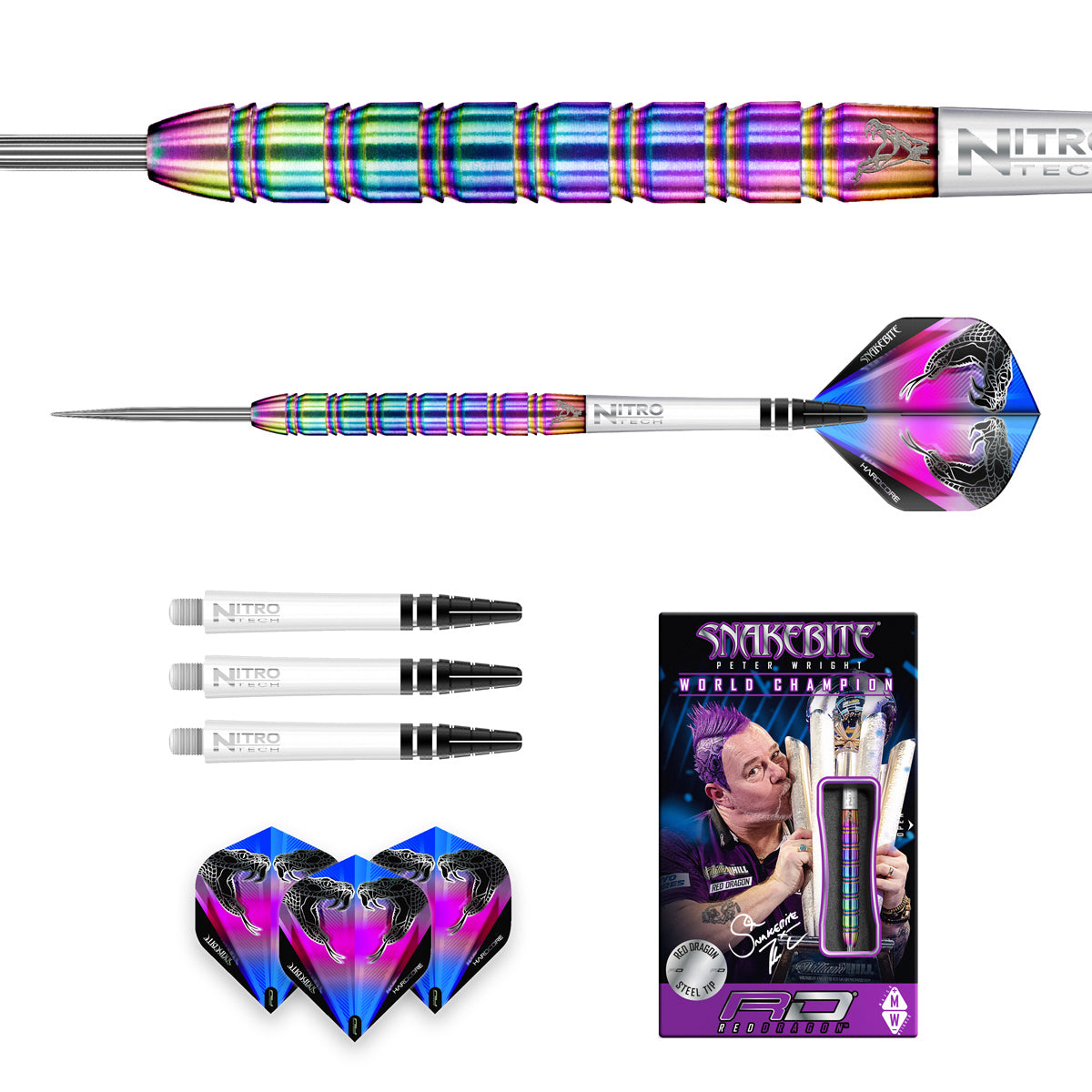 Contents of the Peter Wright Snakebite 1 darts box including flights, shafts and accessories
