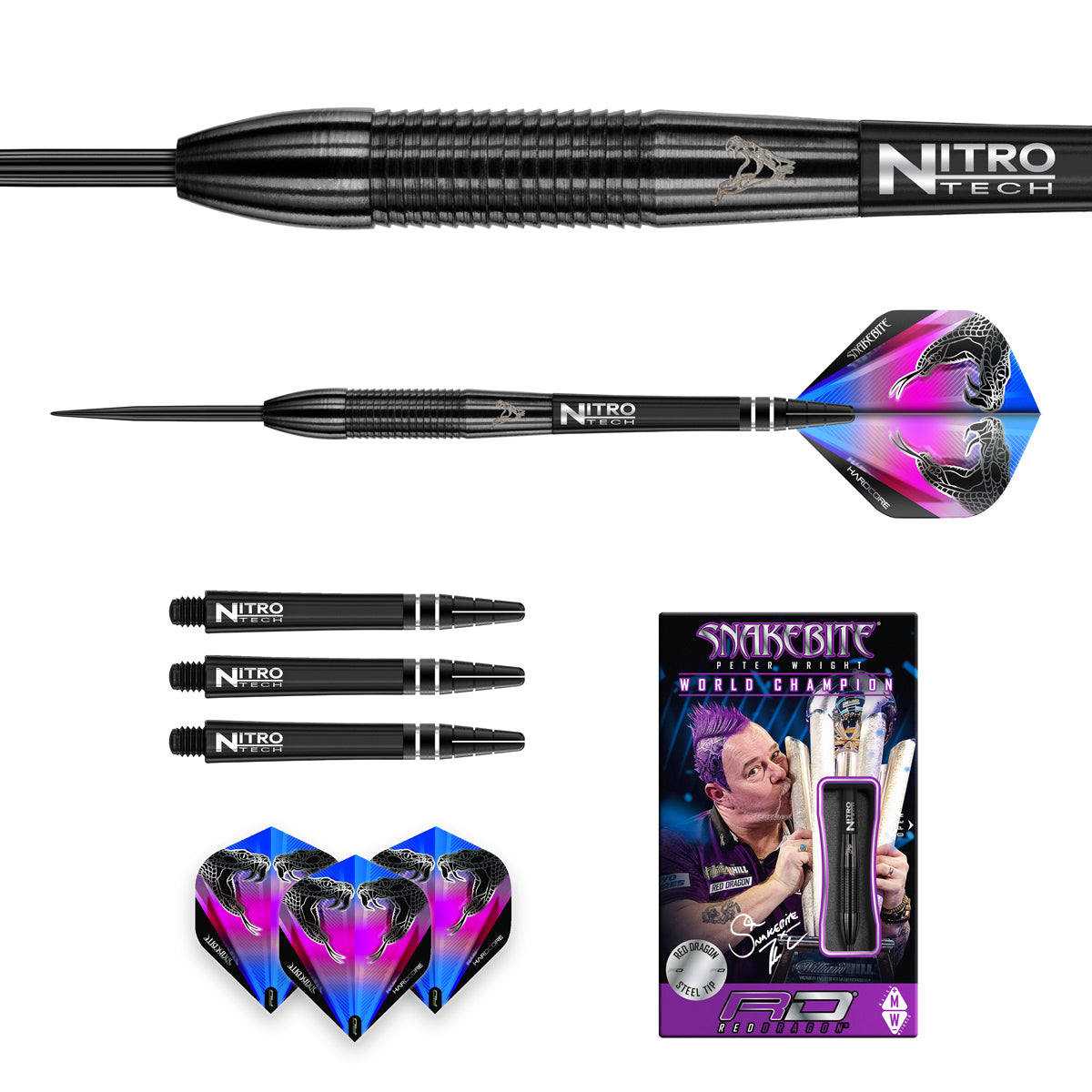 Contents of the Peter Wright Snakebite 3 Black darts box including flights, shafts and accessories