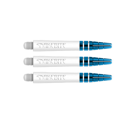 Peter Wright Snakebite Logo Nitro Ionic Dart Stems White Blue main product image showing the stems, packaging, and included contents