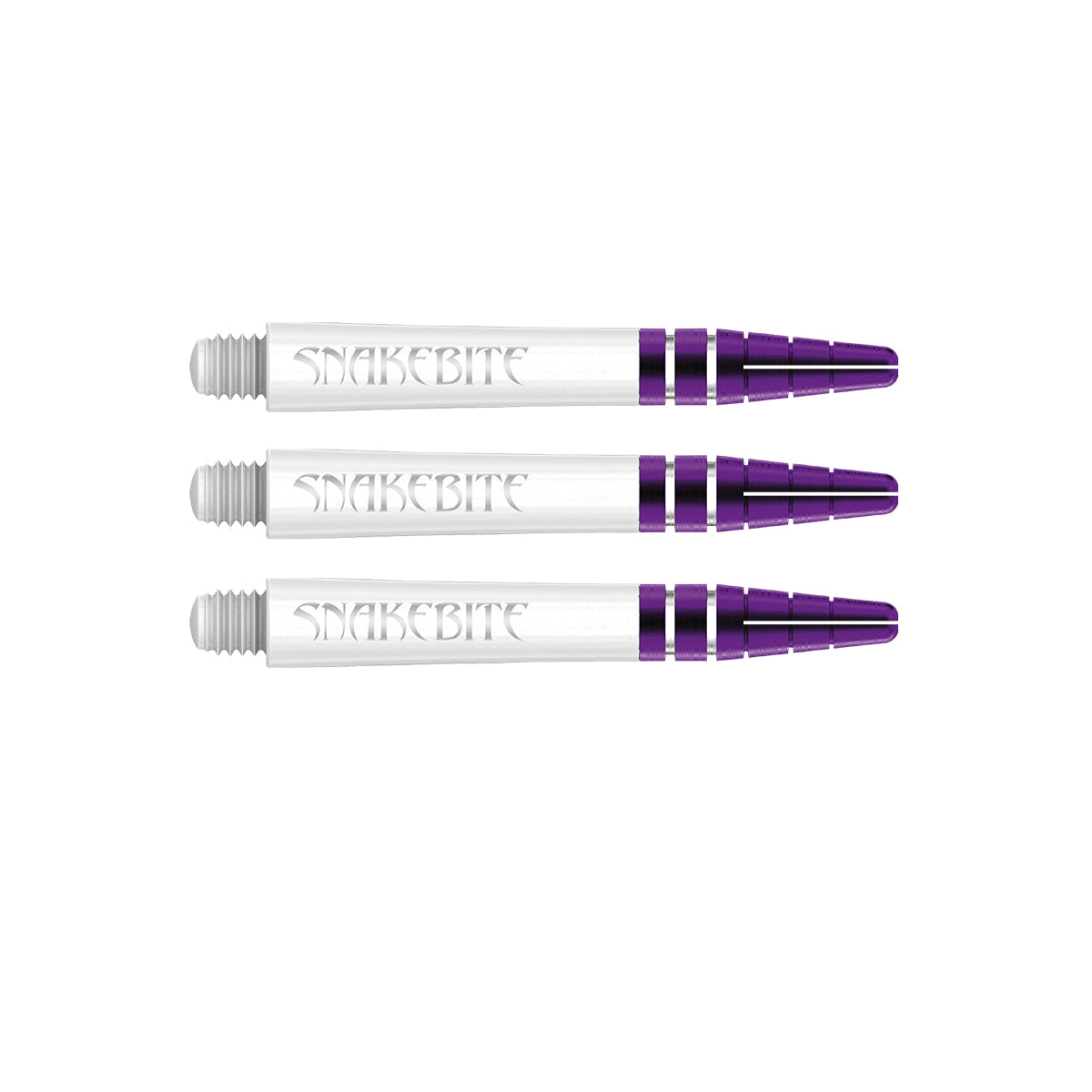 Peter Wright Snakebite Logo Nitrotech Dart Stems White Purple main product image showing the stems, packaging, and included contents