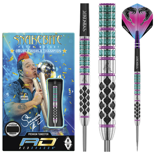 Peter Wright Supa Venom Steel Tip Darts product image showing the complete dart set, packaging and accessories