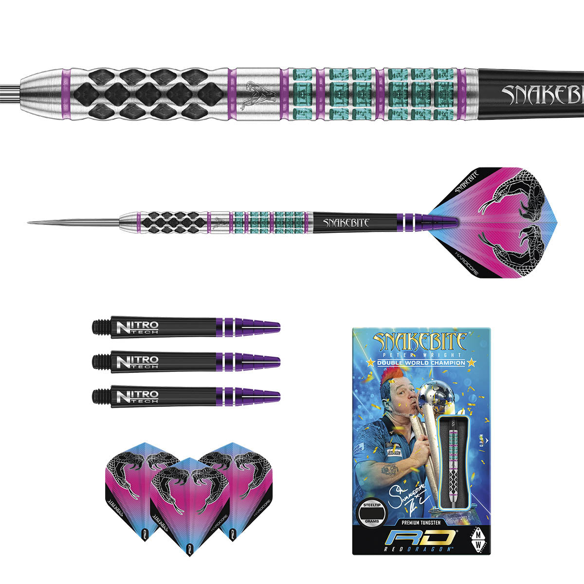 Contents of the Peter Wright Supa Venom darts box including flights, shafts and accessories