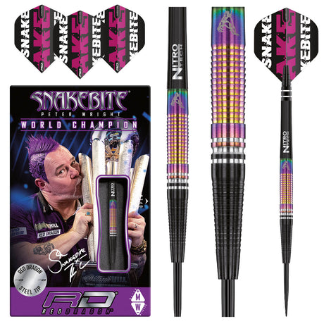 Peter Wright Tapered SE Steel Tip Darts product image showing the complete dart set, packaging and accessories