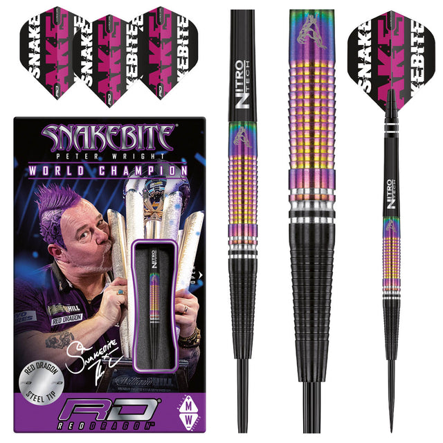 Peter Wright Tapered SE Steel Tip Darts product image showing the complete dart set, packaging and accessories