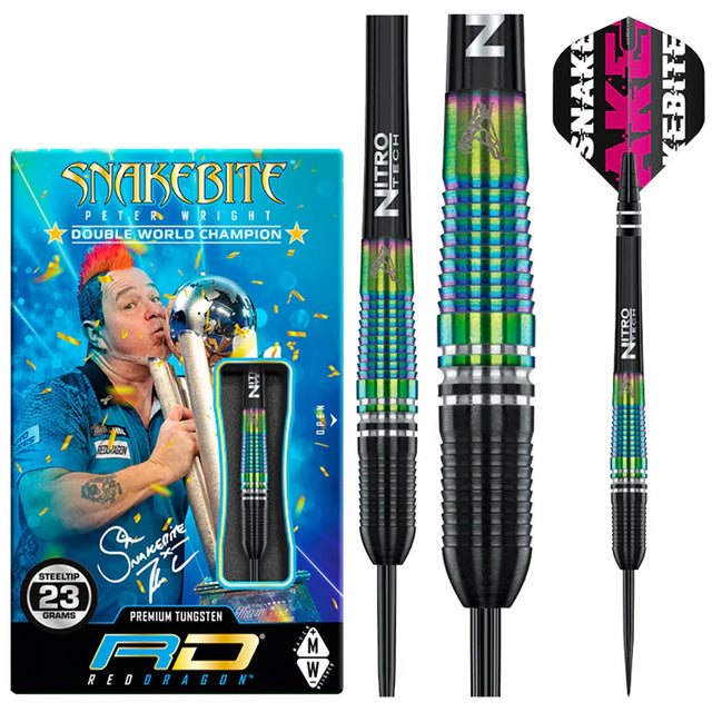 Peter Wright Torpedo SE Steel Tip Darts product image showing the complete dart set, packaging and accessories