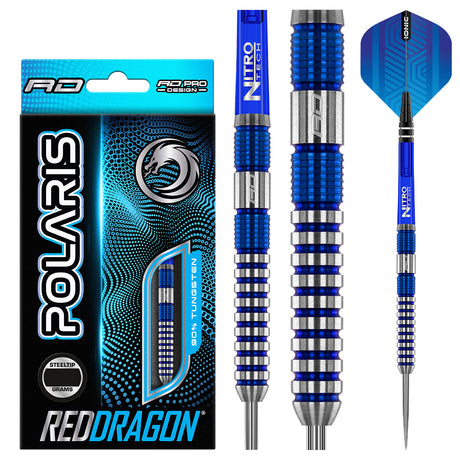Polaris Steel Tip Darts product image showing the complete dart set, packaging and accessories