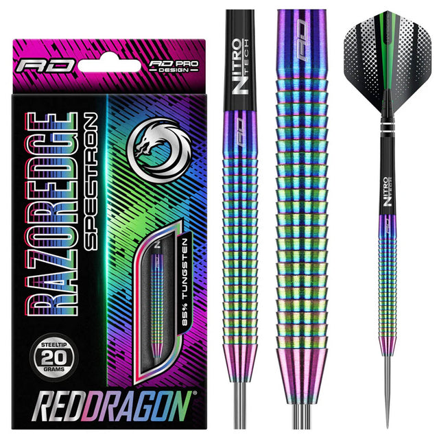 Razor Edge Spectron Steel Tip Darts product image showing the complete dart set, packaging and accessories