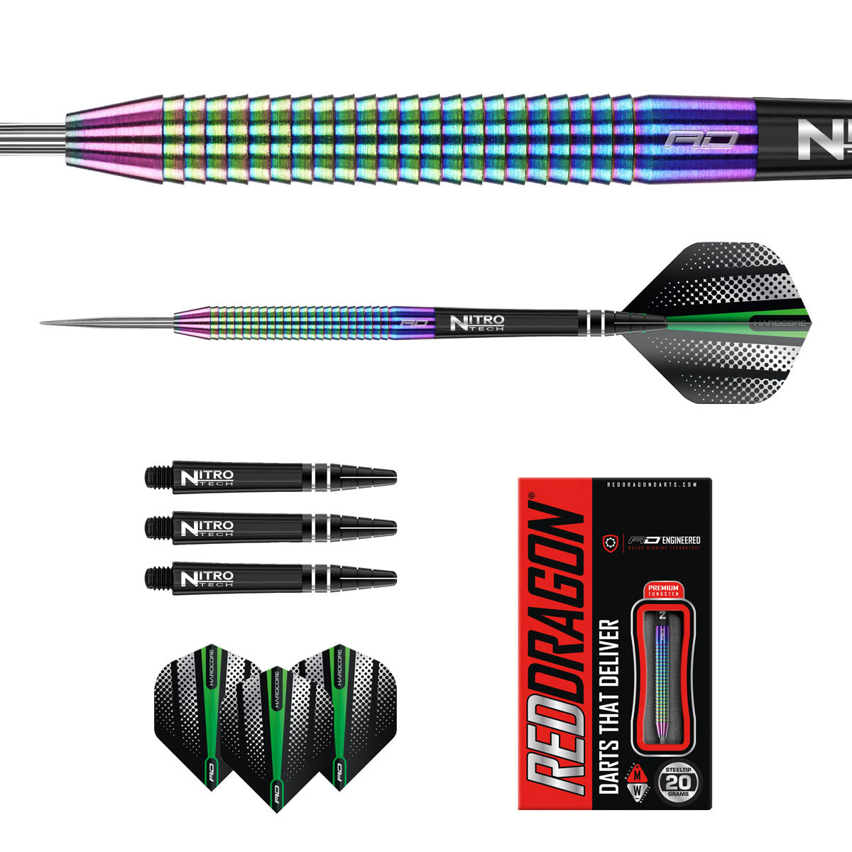 Contents of the Razor Edge Spectron darts box including flights, shafts and accessories