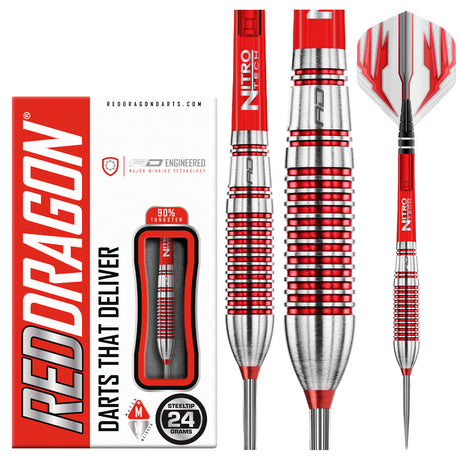 Reflex Steel Tip Darts product image showing the complete dart set, packaging and accessories