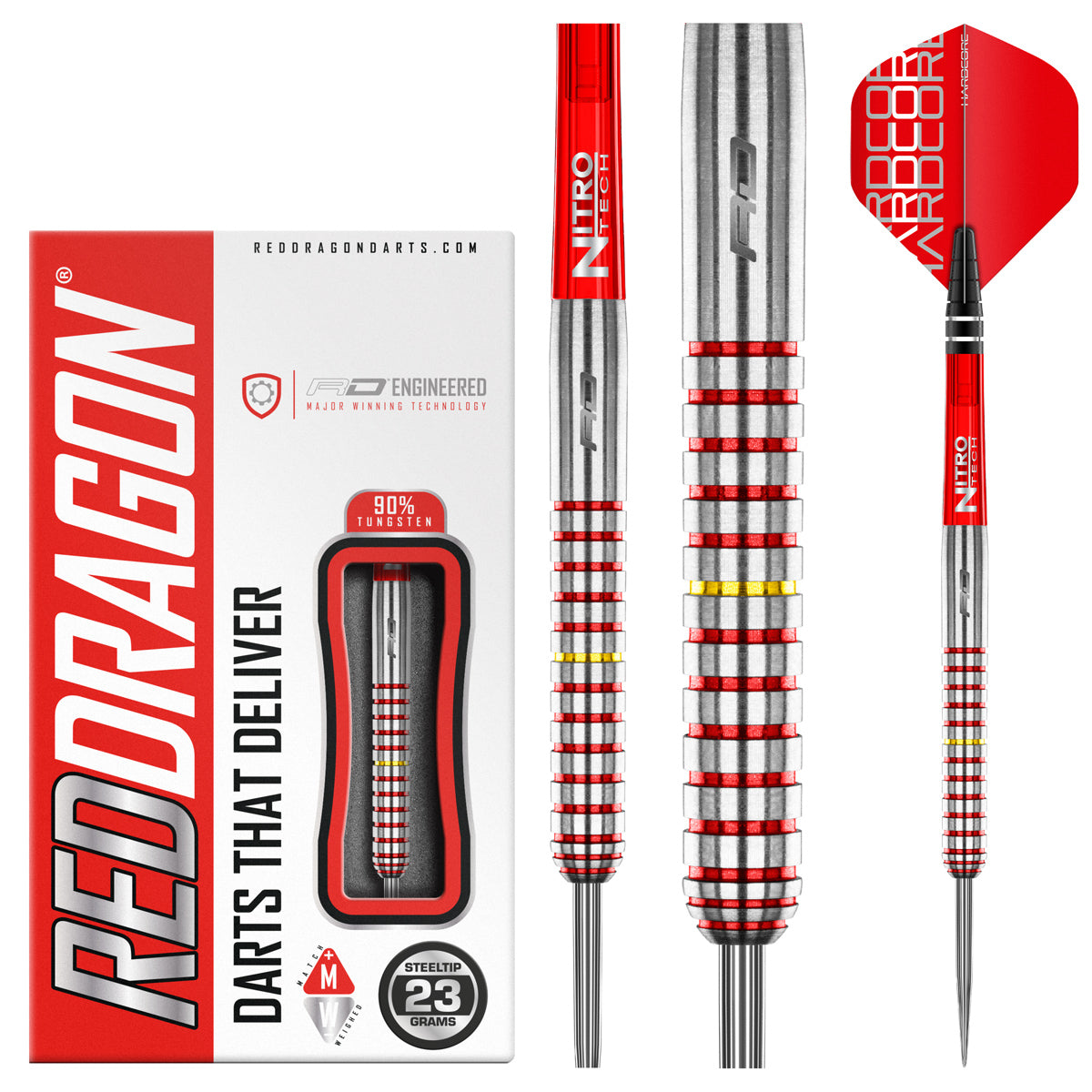Richie Burnett Steel Tip Darts product image showing the complete dart set, packaging and accessories
