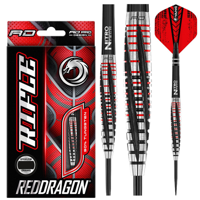 Rifle Steel Tip Darts main product image showing the darts, packaging, flights, shafts, and included accessories