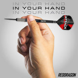 Red Dragon Rob Owen Steel Tip Darts in hand image showing the barrel size, grip profile, and scale when held