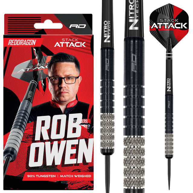 Red Dragon Rob Owen Steel Tip Darts main product image showing the darts, packaging, flights, shafts, and included accessories