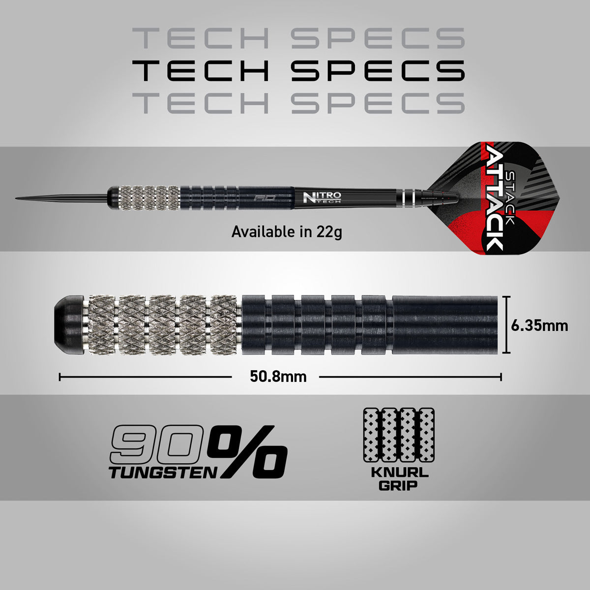 Red Dragon Rob Owen Steel Tip Darts specifications image showing barrel dimensions, weight, and technical details