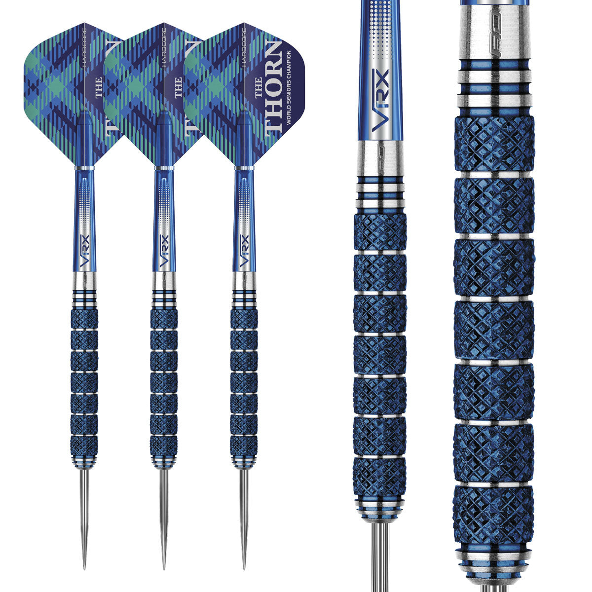 Multiple angle view of the Robert Thornton Seniors World Champion Cobalt SE dart barrel profile and design