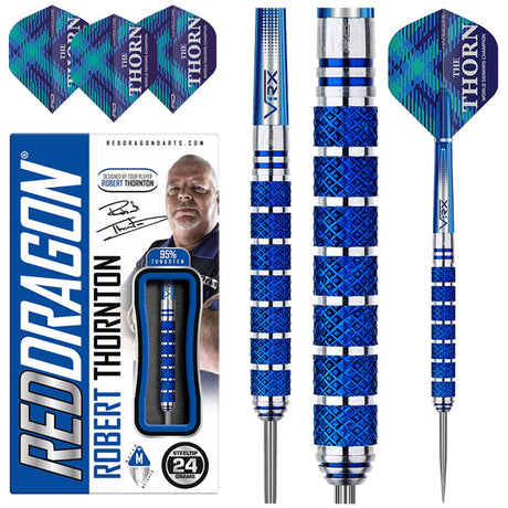 Robert Thornton Seniors World Champion Cobalt SE Steel Tip Darts product image showing the complete dart set, packaging and accessories