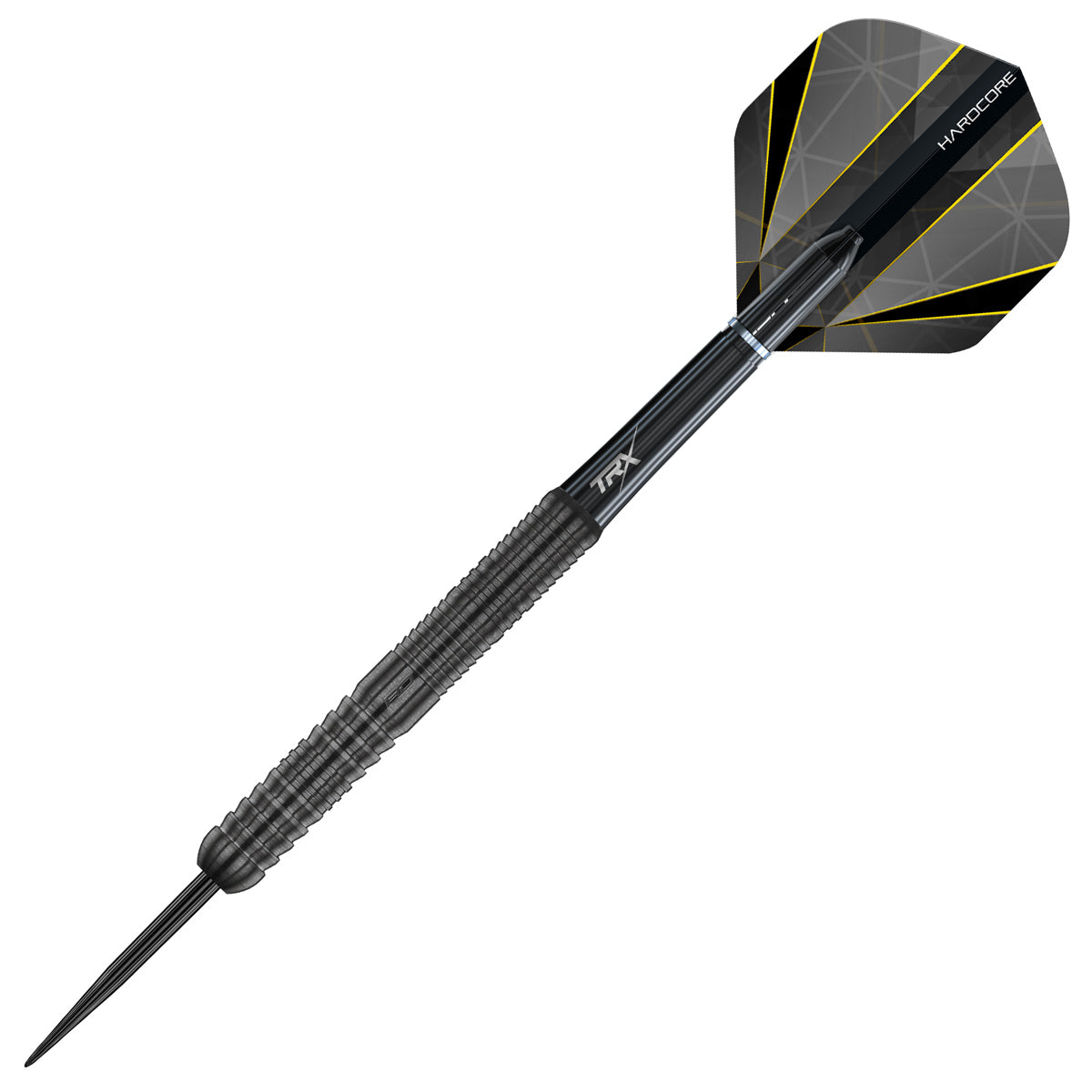 Seren 1 Onyx Steel Tip Darts close up image highlighting the barrel grip texture, coating, machining, and design details