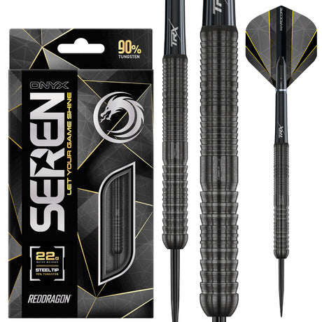 Seren 1 Onyx Steel Tip Darts main product image showing the darts, packaging, flights, shafts, and included accessories