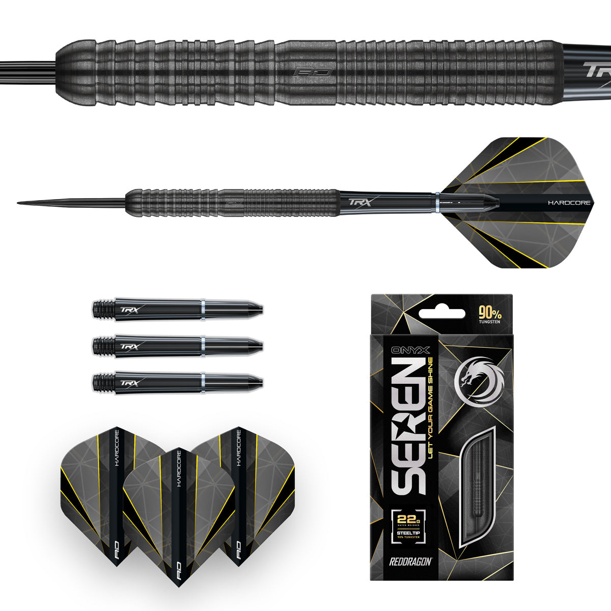 Seren 1 Onyx Steel Tip Darts image displaying everything included inside the box