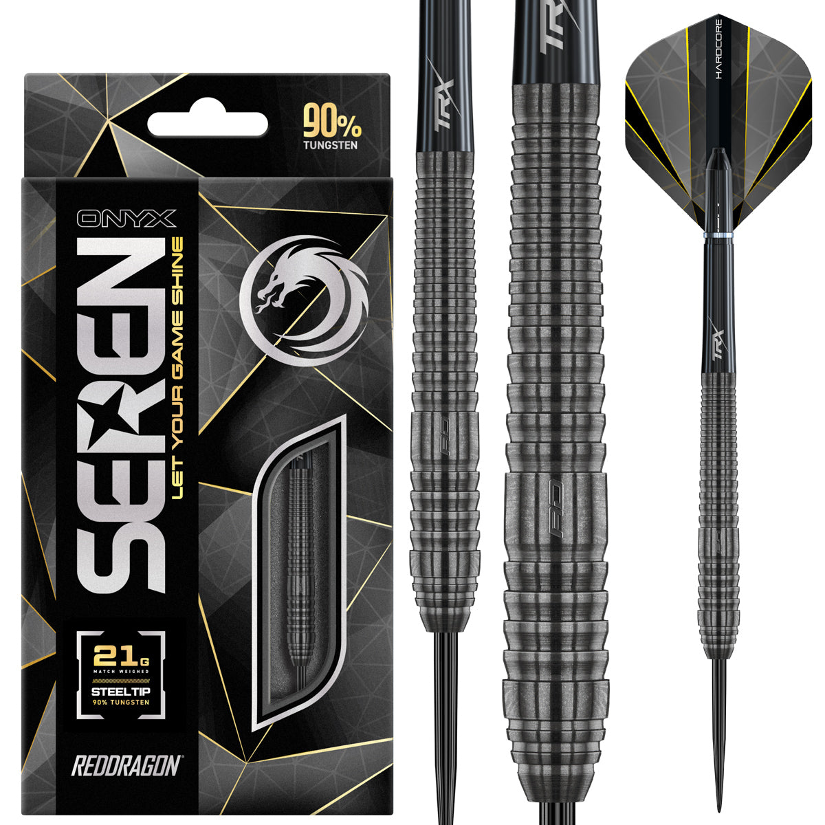 Seren 2 Onyx Steel Tip Darts main product image showing the darts, packaging, flights, shafts, and included accessories