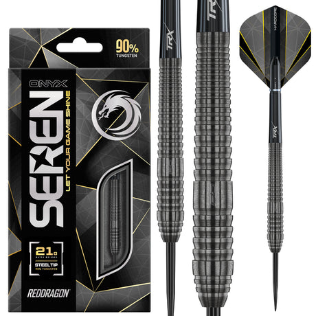 Seren 2 Onyx Steel Tip Darts main product image showing the darts, packaging, flights, shafts, and included accessories