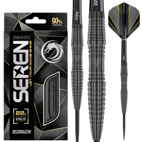 Seren 3 Onyx Steel Tip Darts main product image showing the darts, packaging, flights, shafts, and included accessories