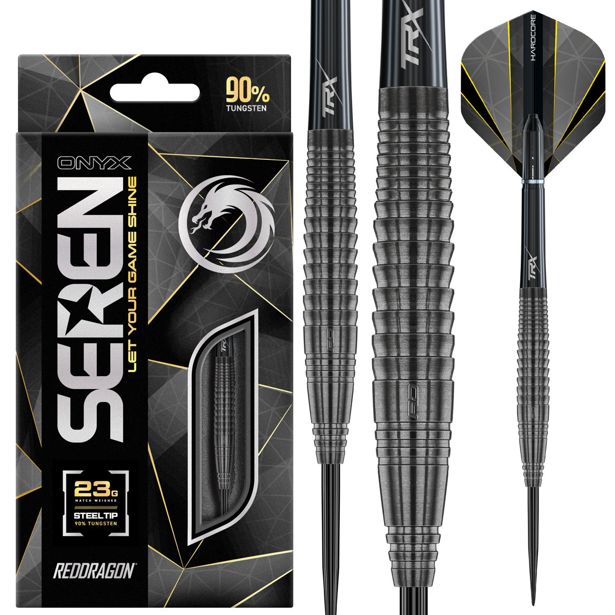 Seren 4 Onyx Steel Tip Darts main product image showing the darts, packaging, flights, shafts, and included accessories
