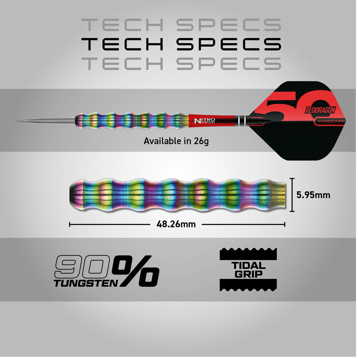 Red Dragon Shockwaves Steel Tip Darts specifications image showing barrel dimensions, weight, and technical details