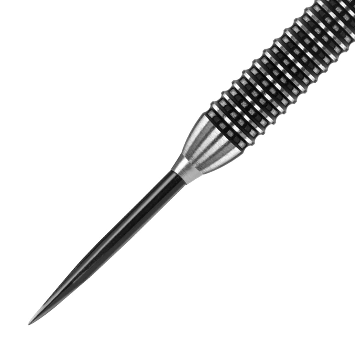 Red Dragon Specialist Black Dart Points with Trident Silver close up image highlighting the point texture and machining