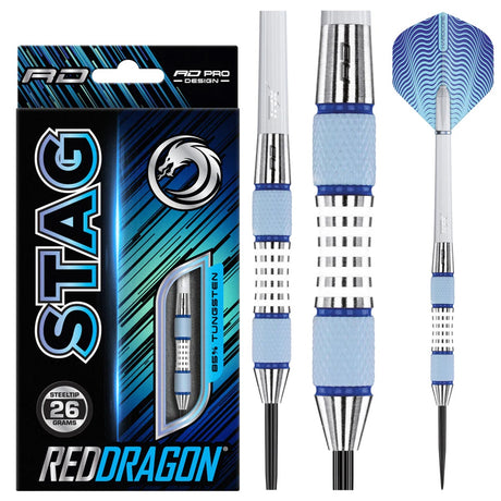 Stag Steel Tip Darts product image showing the complete dart set, packaging and accessories