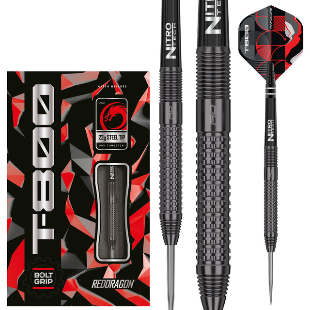 T 800 Steel Tip Darts main product image showing the darts, packaging, flights, shafts, and included accessories