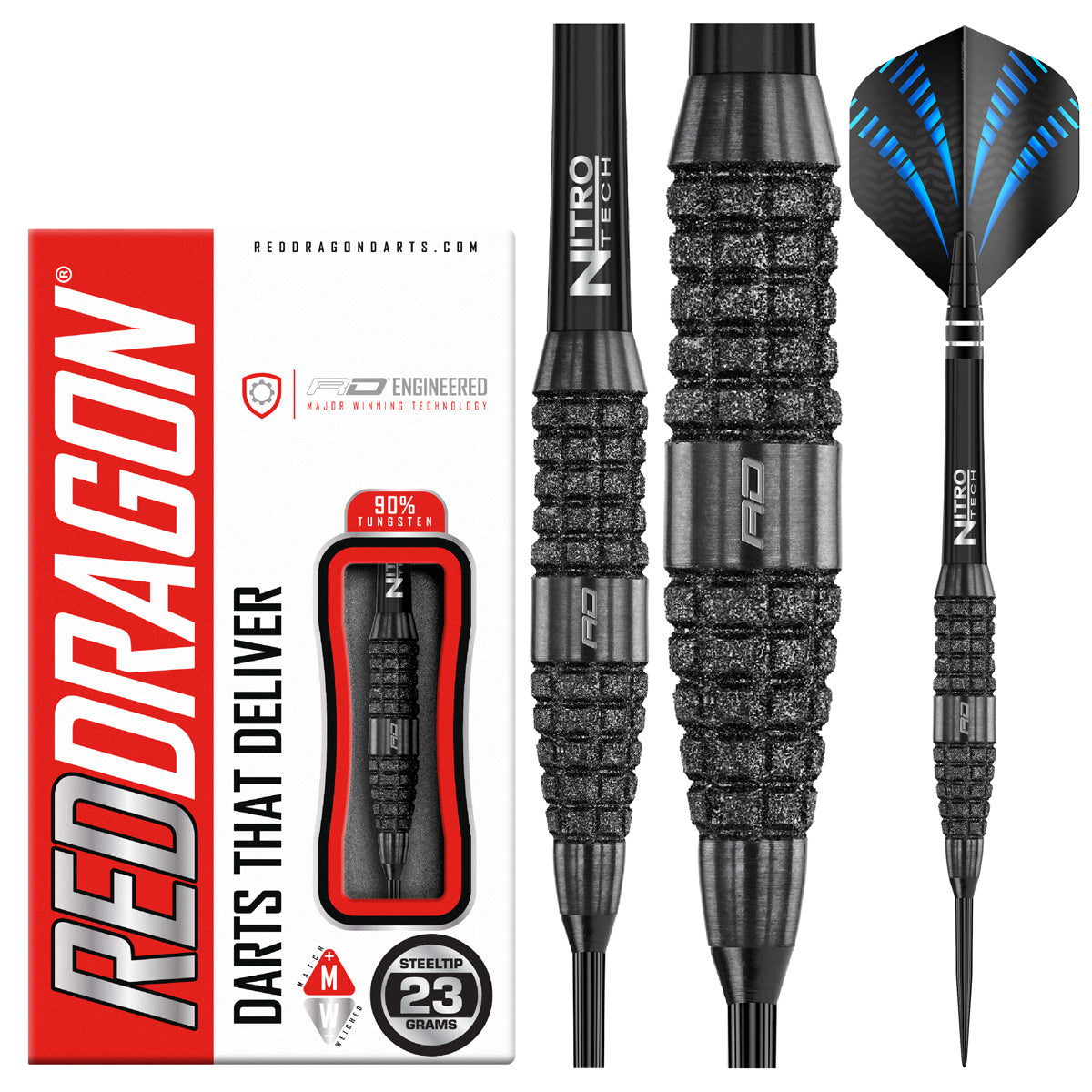 Touchstone Bomb Steel Tip Darts product image showing the complete dart set, packaging and accessories