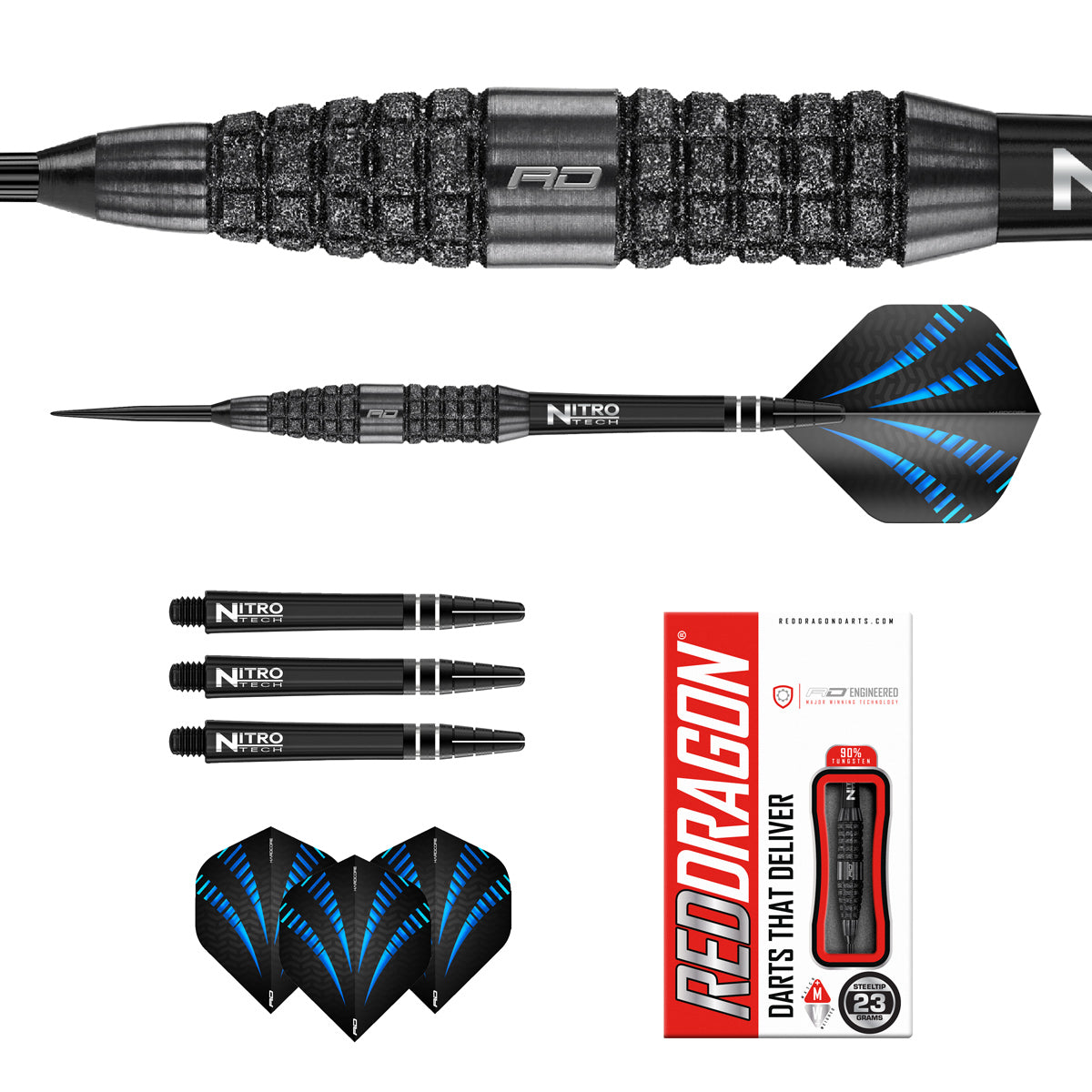 Contents of the Touchstone Bomb darts box including flights, shafts and accessories