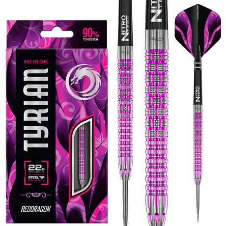 Tyrian Steel Tip Darts main product image showing the darts, packaging, flights, shafts, and included accessories